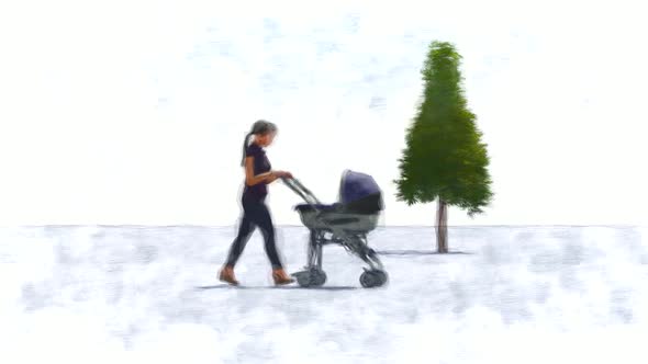 Mother taking a walk with a stroller Stop Motion