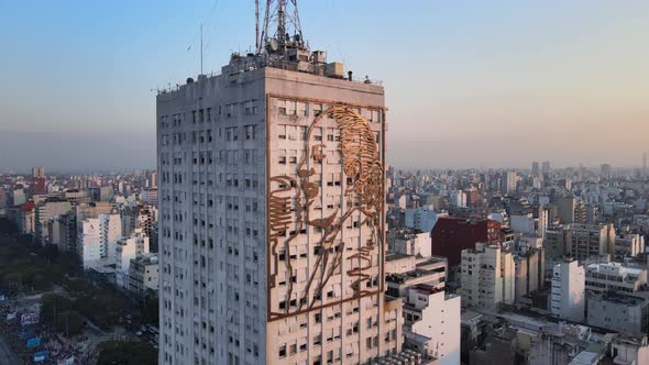 Aerial arc around historic Evita building in Monserrat, Buenos Aires alt