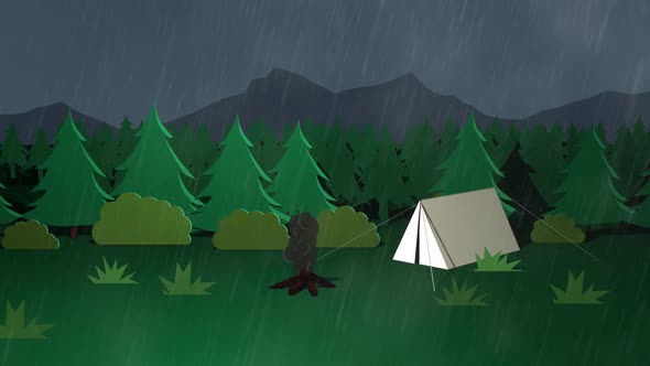 Camp in the wilderness. Campsite with the extinguished fire and white tent. alt