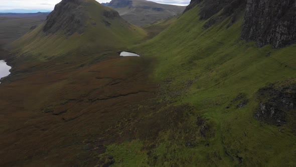 Aerial drone view of the Quiraing area in the Isle of Skye on a cloudy day