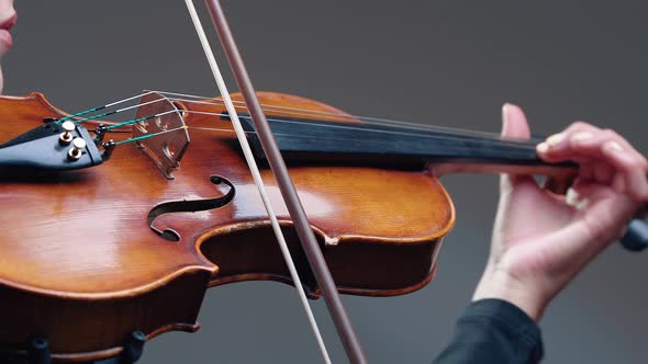 Close-up of Female Hands Playing on Violin. Musician with an Instrument