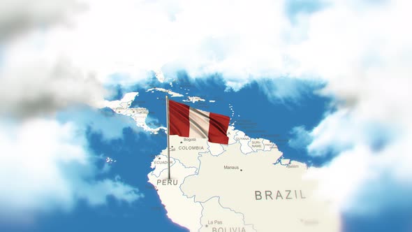Peru Map And Flag With Clouds