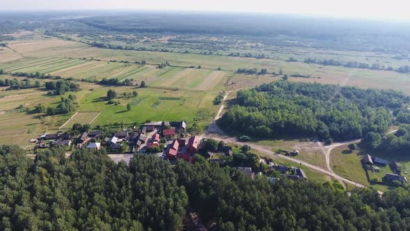 Aerial view of village near forest