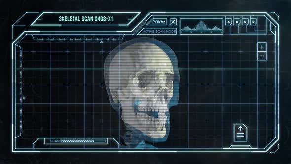 Sci-Fi Display Screen Showing a Scan of a Human Skull