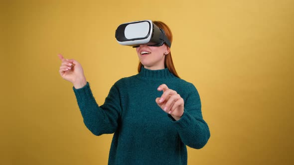 Young Red Hair Woman Posing Isolated on Yellow Color Background Studio alt