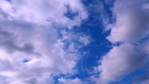 Blue sky white clouds. Puffy fluffy white clouds. Cumulus cloud cloudscape timelapse.