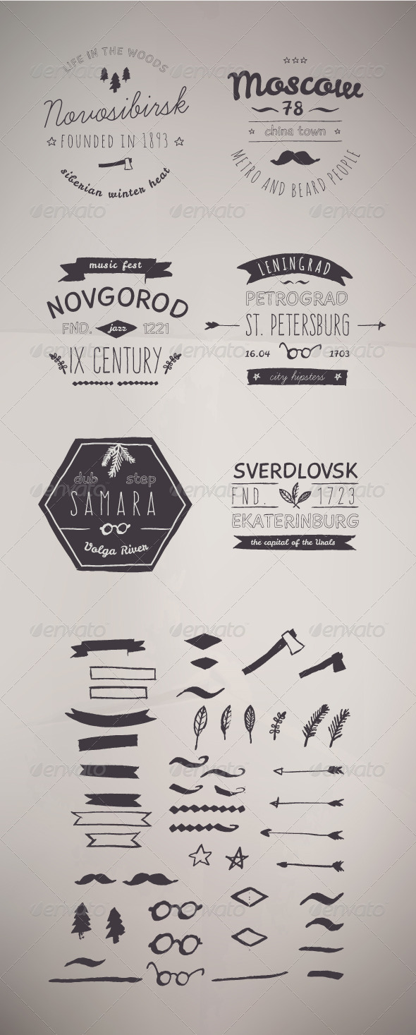 6 Hand Drawn Style Logos. Trendy Retro Vintage - Tattoos Vectors