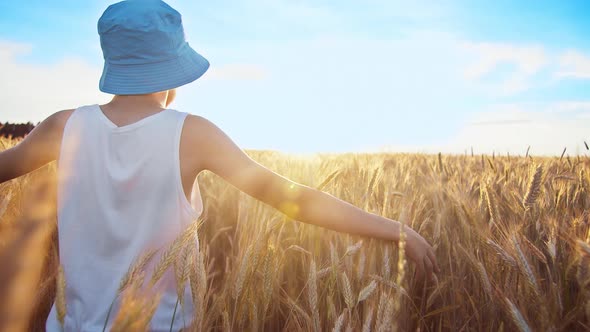 Happy Boy in a Blue Hat Walks on a Golden Wheat Field on a Sunny Day Against the Blue Sky