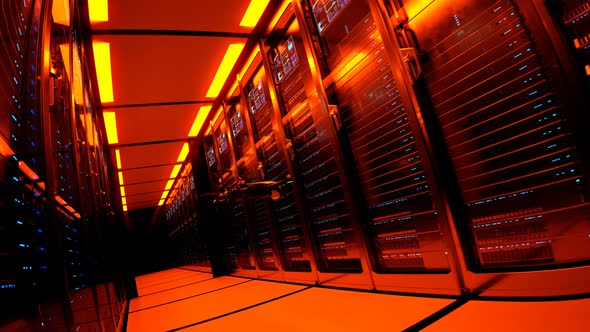 Loopable animation with working drone scanning servers in a dark hall Render 4K alt