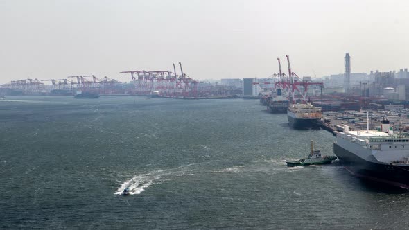 Timelapse Modern Tokyo Container Port with Moored Vessels alt