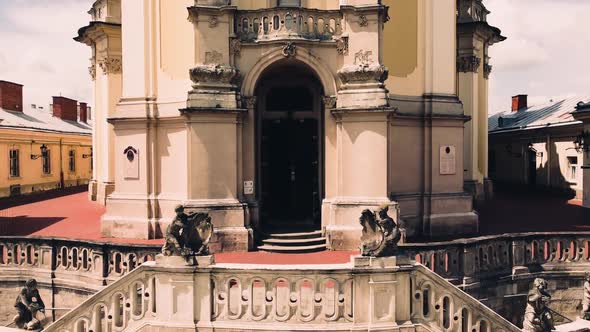 Aerial drone view of a flying over the Catholic Cathedral alt