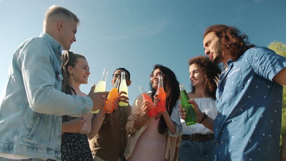 Slow Motion of Joyful Girls and Guys Friends Clinking Bottles and Toasting Standing Outdoors on alt