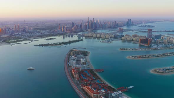Aerial view of The Palm Jumeirah Island, Dubai Downtown skyline, United Arab Emirates or UAE alt