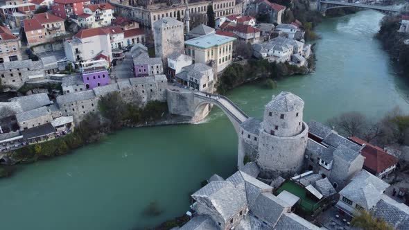 Aerial Drone View Of City Of Old Bridge And Neretva River In Mostar 4K