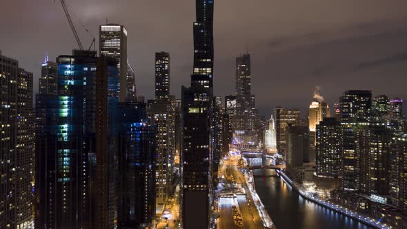 Urban Cityscape of Chicago and Chicago River at Night in Winter alt
