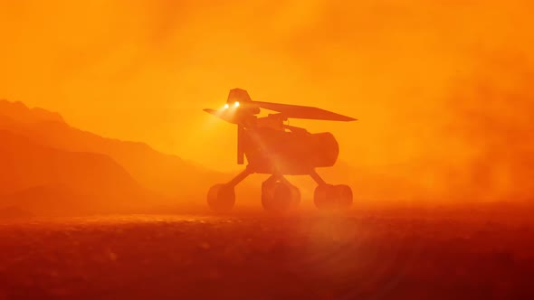 Planetary rover going through a desert on a Mars. Massive dust storm. Sandstorm. alt