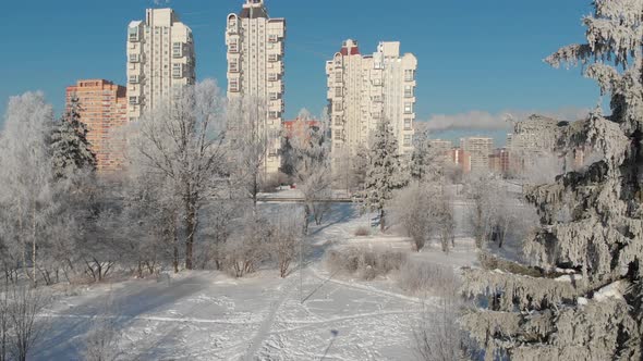 Moving Down Over Winter City of Moscow, Russia