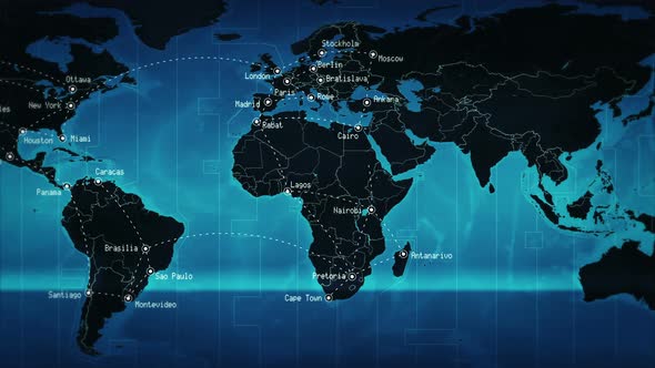 World map showing well known cities and times zones with connections.  Blue. Loopable. alt