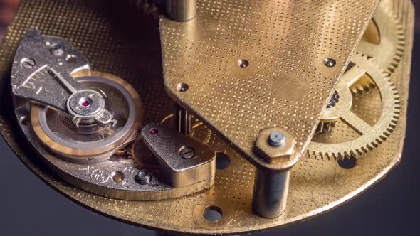 Close up view of Vintage old clock mechanism working.
