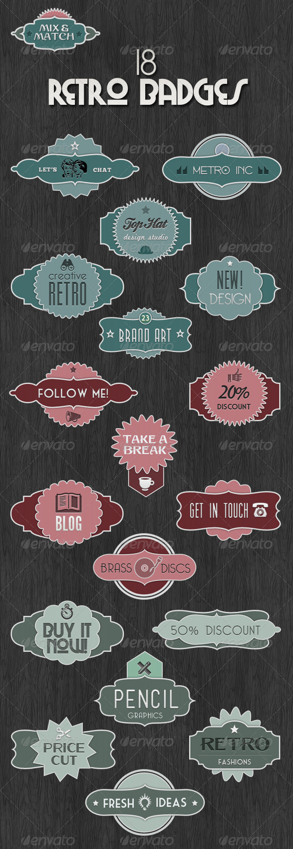 18 Retro Badges - Mix & Match Vintage Labels - Badges & Stickers Web Elements