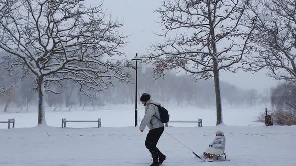 Beautiful scene in the winter park with a mother and child enjoying a sleigh ride