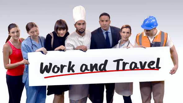 Various professional holding placard of work and travel text alt