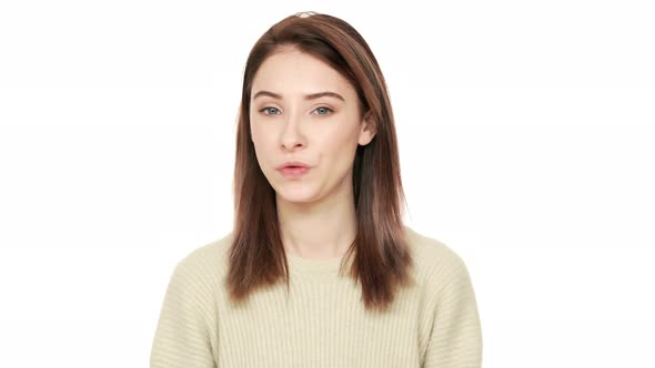 Portrait of Serious Longhaired Woman Saying NO Shaking Head in Denial Being Persistent and Confident alt