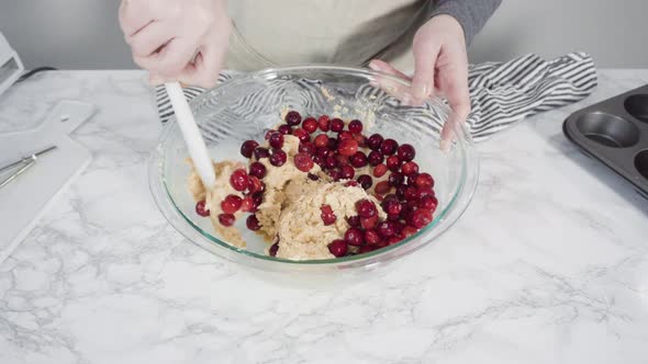 Step by step. Mixing ingredients in a mixing bowl to bake cranberry muffins alt