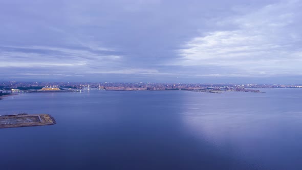 Saint-Petersburg City Skyline in Evening Twilight. Aerial Hyper Lapse, Time Lapse. Russia alt