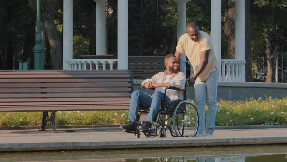 Cheerful Smiling Bearded Guy Sitting in Wheelchair Outdoors alt