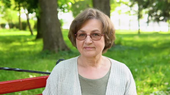 Portrait of an Old Caucasian Woman Smiling Happily Looking at the Camera in Park alt