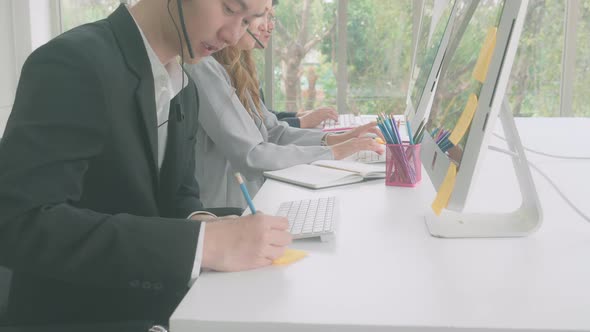 Customer service with friendly, man and woman call center and operator for support client. alt