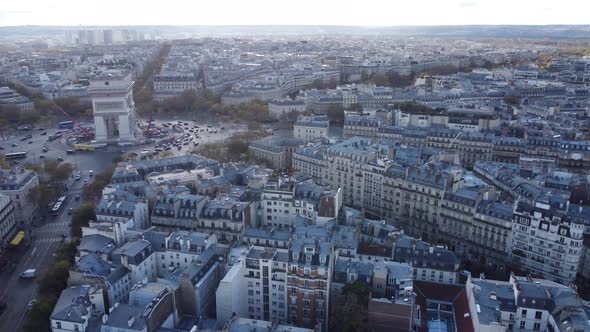 Drone View of the Streets of Paris with the Elfel Tower and the Arc De Triomph