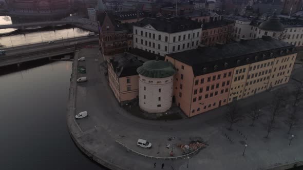 Drone Shot Orbiting Around Buildings in Stockholm