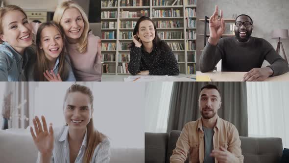 Webcam Screen View Multi Racial Young and Older Involved in Group Online Videoconference Meeting alt