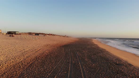 Flight on the Ocean Sandy Shore in the Early Morning Portugal Furadouro alt