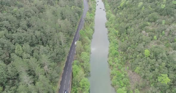 Aerial View of Car Driving Through the Forest and the Lake on the Side