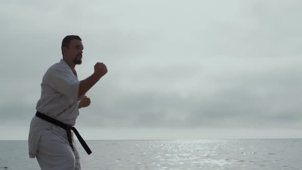 Sportsman Learning Martial Arts on Seashore alt