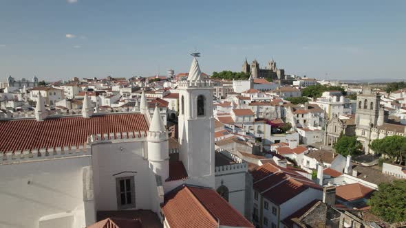 Orbiting shot of bell tower, St Francis church, Evora, Portugal