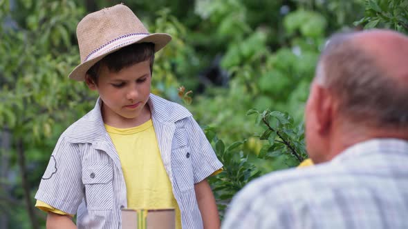 Childhood Cute Male Child Helping His Grandfather Beekeeper Paints Hives with Paint While Relaxing alt