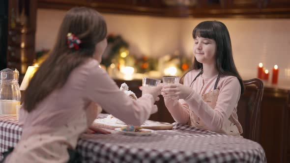 Smiling Girl Clinking Glass with Woman Drinking Organic Milk Sitting at Table with Ginger House on alt