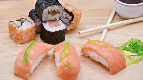 Close Up Of Various Types Of Japanese Fresh Prepared Sushi. alt