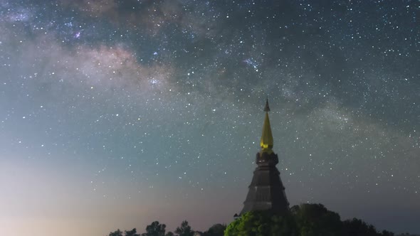 Star trails moving over a sacred temple at Doi Inthanon National Park