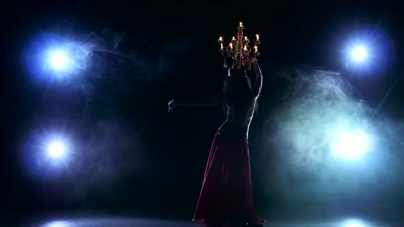 Beautiful Belly Dancer Go on Dancing with Candles, Her Head, Black, Smoke, Silhouette alt