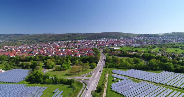 Green Energy Concept Aerial Solar Panels Field Bird view Drone Capture 4K 