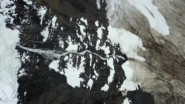 Aerial view of glacier waterfall in Cisnes, Region de Aysen, Chile. alt