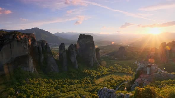 Meteora Monasteries in Greece on Sunset alt