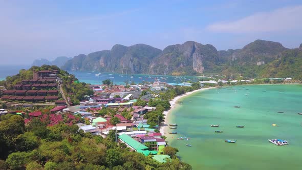 Aerial view of Phi Phi, Maya beach at sunset with Andaman sea in Phuket. Thailand alt
