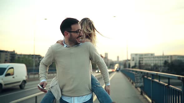 Couple in Love Dating Outdoor in Sunset  Surprise Concept