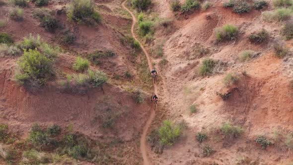 Drone Reverse following Two Mountain Bikers on Single Track on a Sunny Day alt